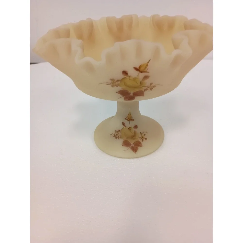 VTG Fenton Pedestal Compote Bowl Yellow Burmese Glass Hand Painted Roses